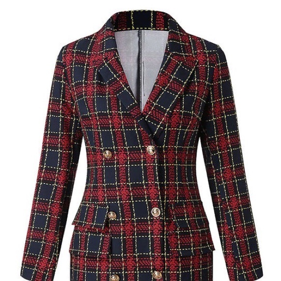 Plaid Women's Blazer Dress - Red and Navy - Picture 6 of 10